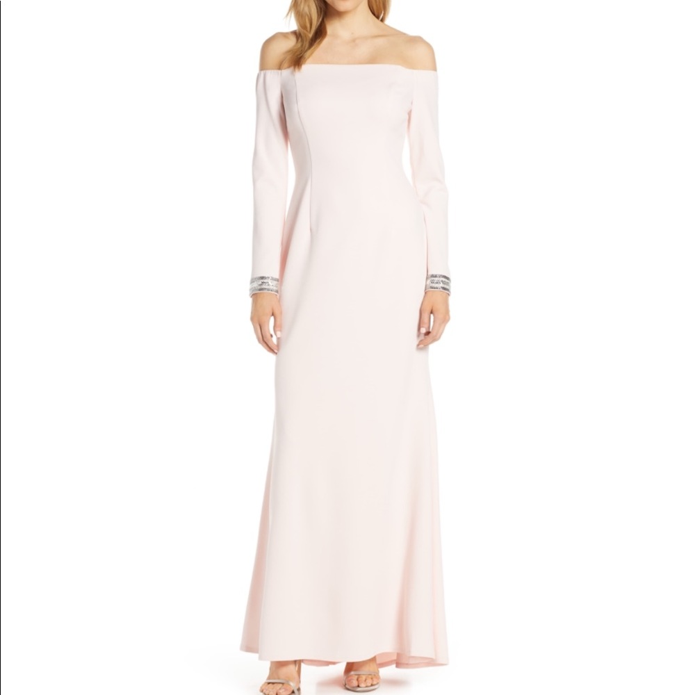 Blush pink off the shoulder dress